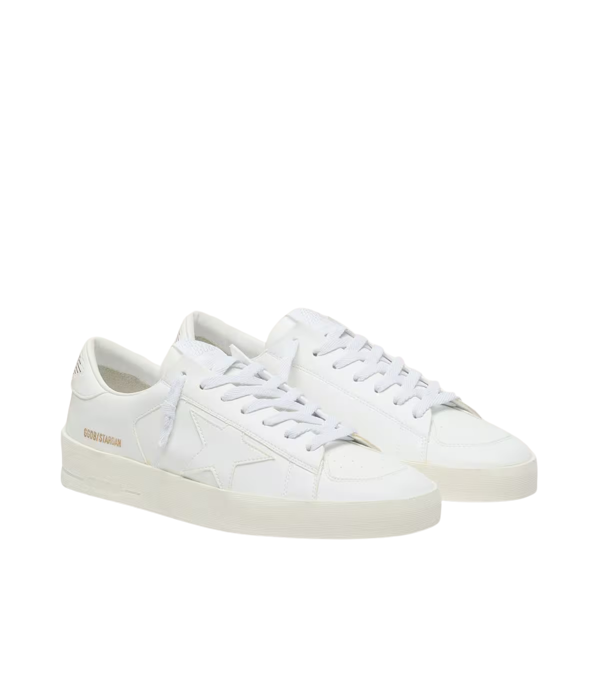 Golden Goose Stardan low-top sneakers in Optic White with a smooth leather upper and signature leather star, Angled side profile.