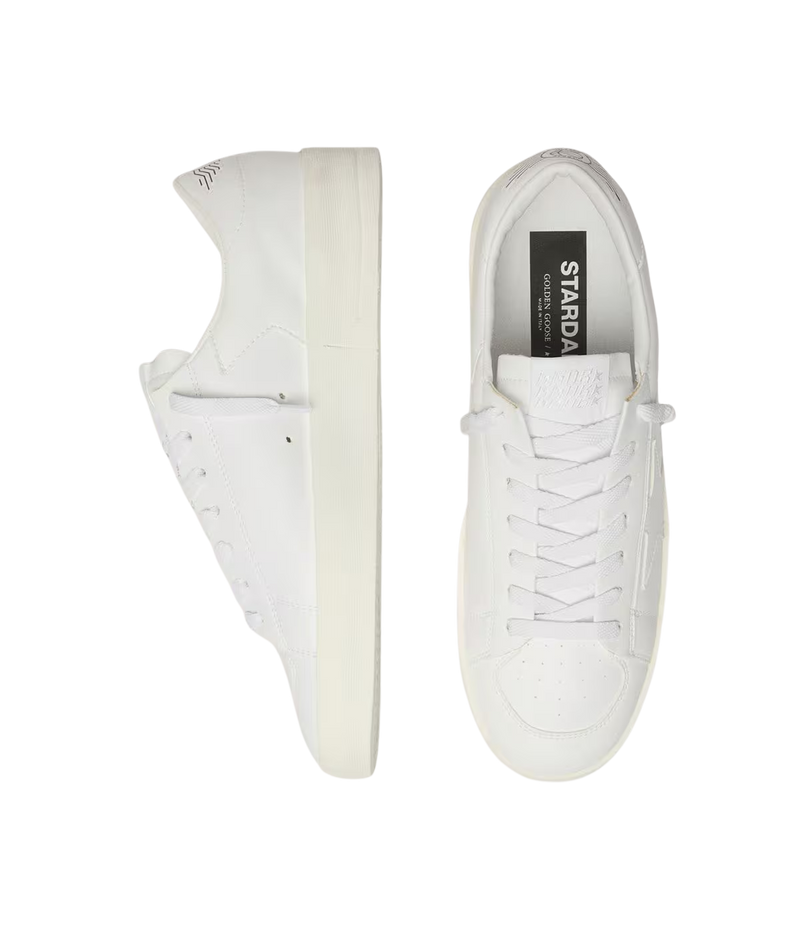 Golden Goose Stardan low-top sneakers in Optic White with a smooth leather upper and signature leather star, Top View.