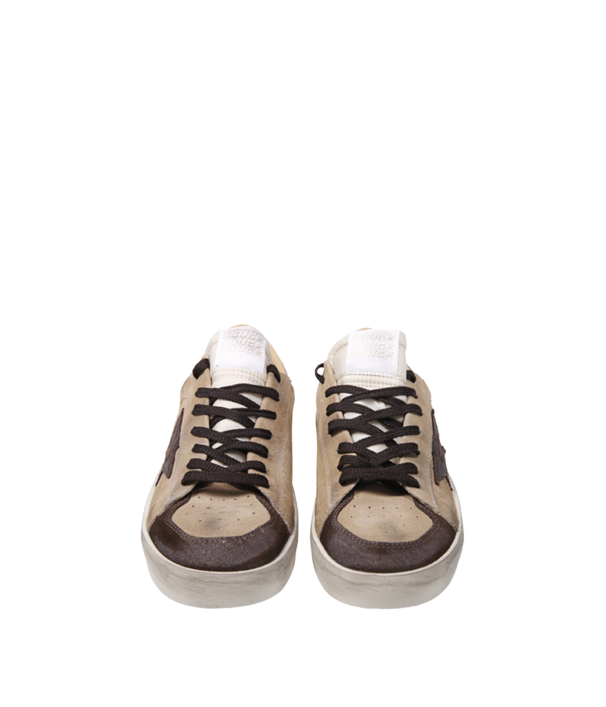 Golden Goose Stardan low-top sneakers in beige, brown and white with a suede upper, nylon tongue and leather star, front view.