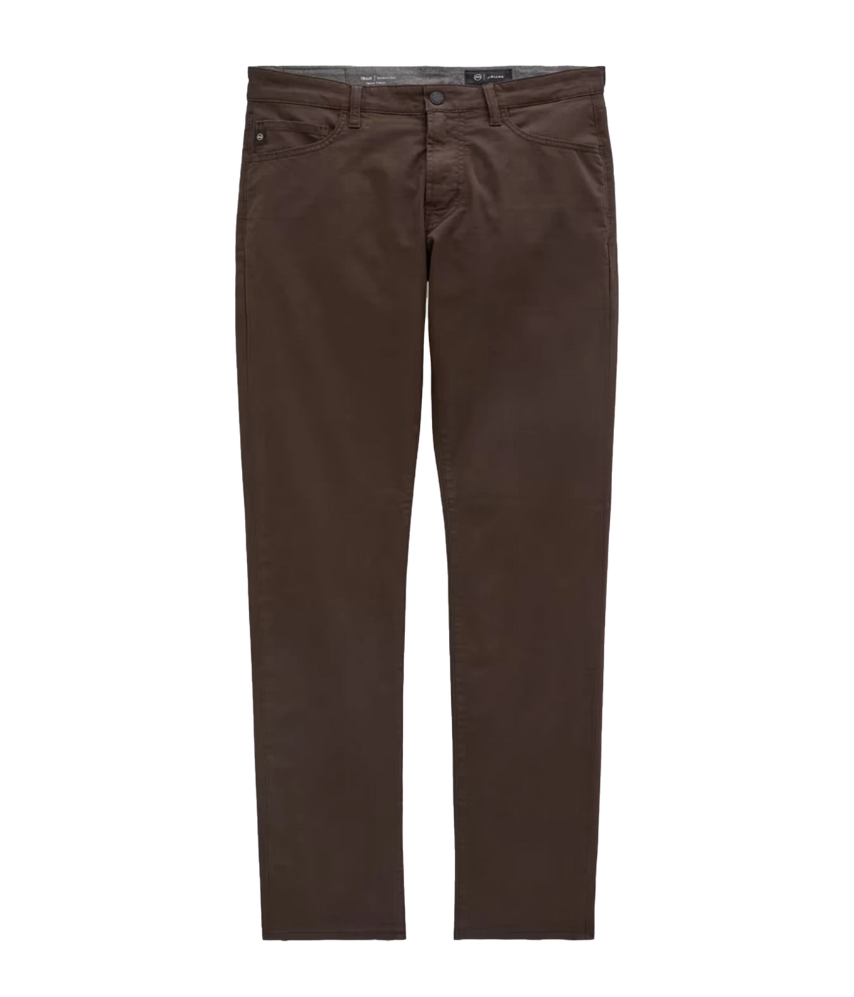 A pair of slim-fit brown trousers shown flat against a solid white background.