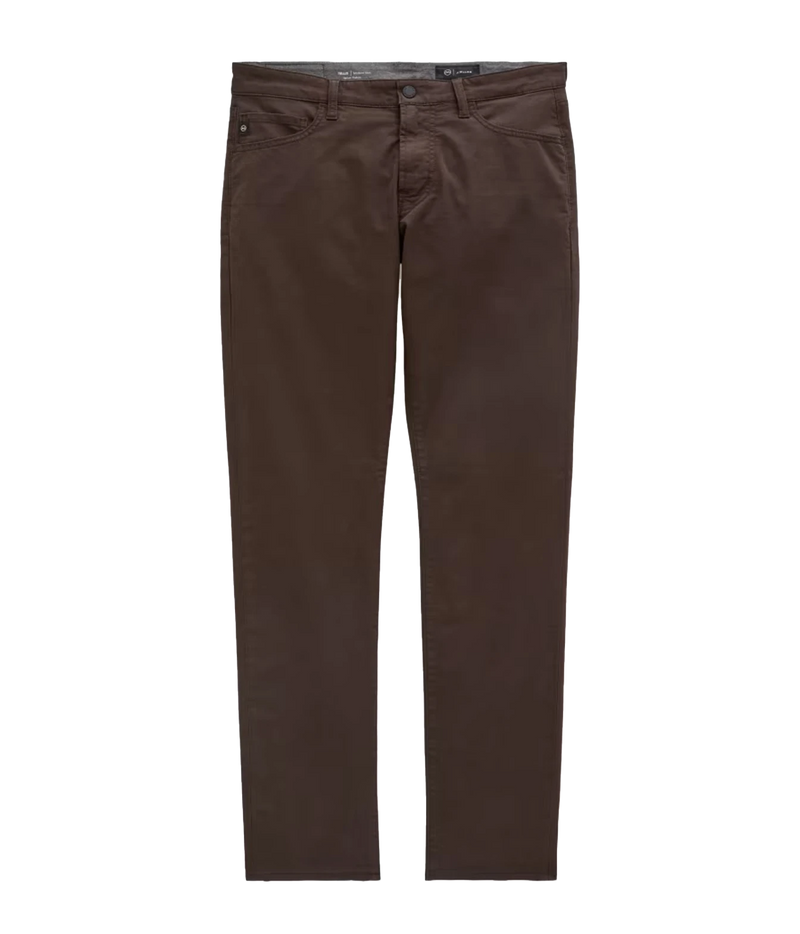 A pair of slim-fit brown trousers shown flat against a solid white background.