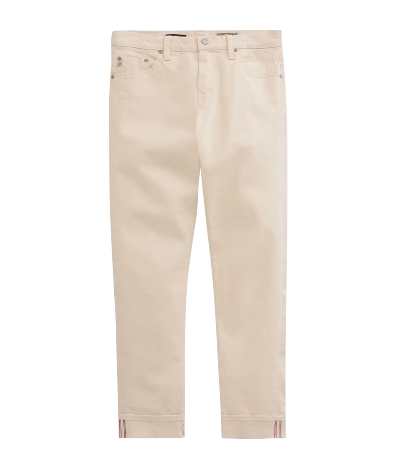A pair of light beige slim-fit jeans shown flat against a solid white background.