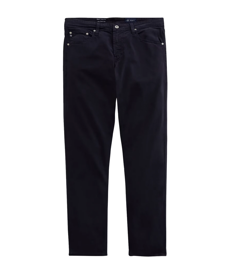 A pair of slim-fit dark navy blue jeans shown flat against a solid white background.