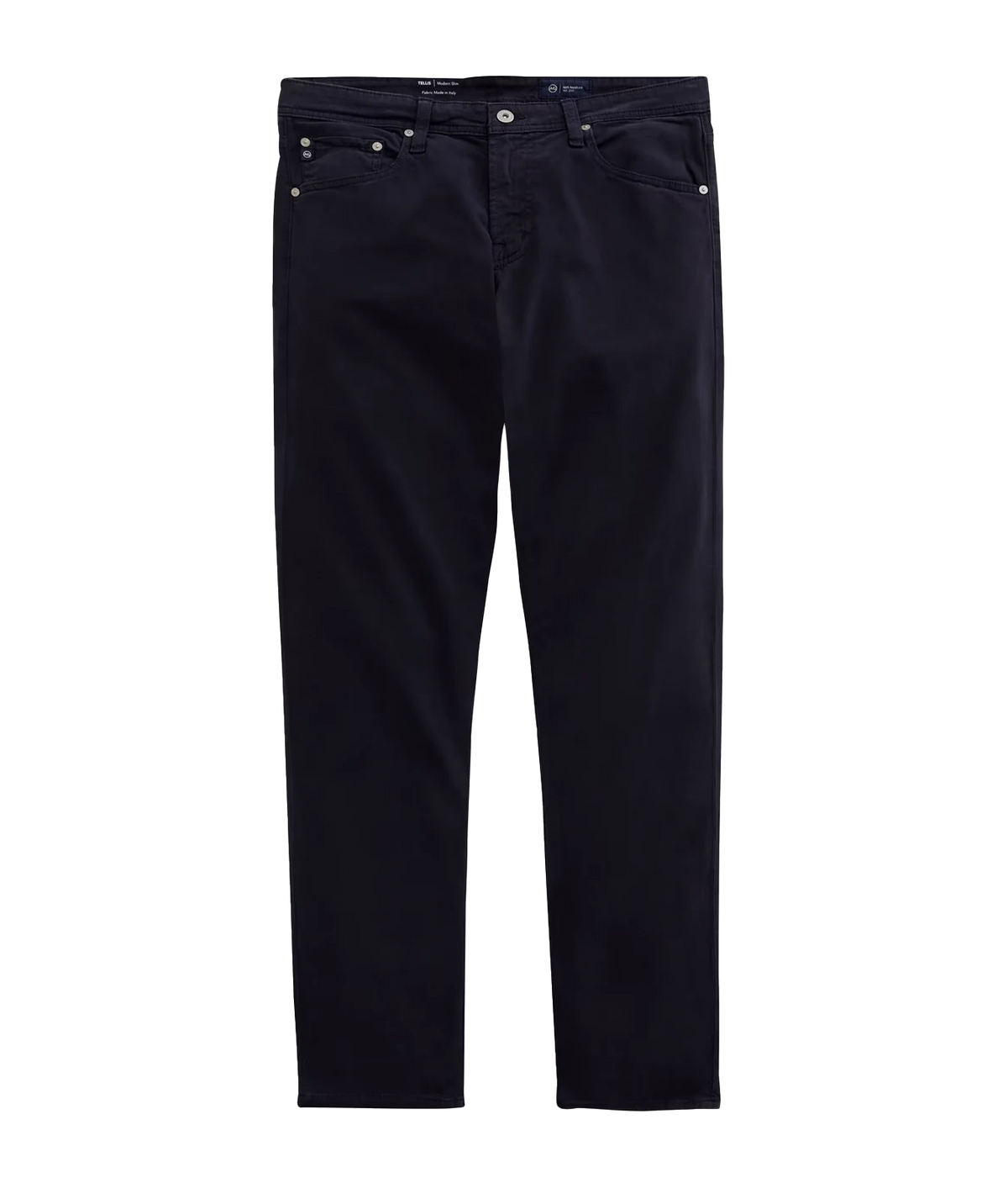 A pair of slim-fit dark navy blue jeans shown flat against a solid white background.