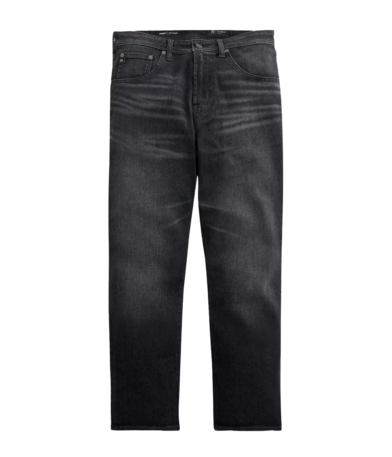 A pair of slim-fit jeans in a washed black denim wash, shown flat against a solid white background.