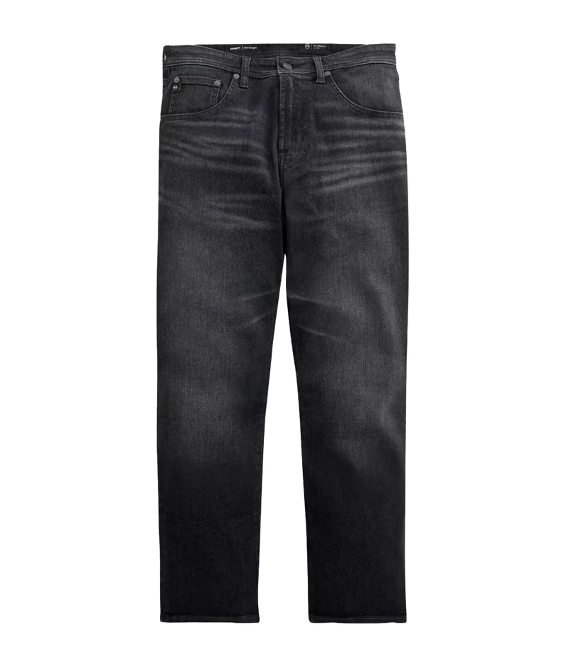 A pair of slim-fit jeans in a washed black denim wash, shown flat against a solid white background.