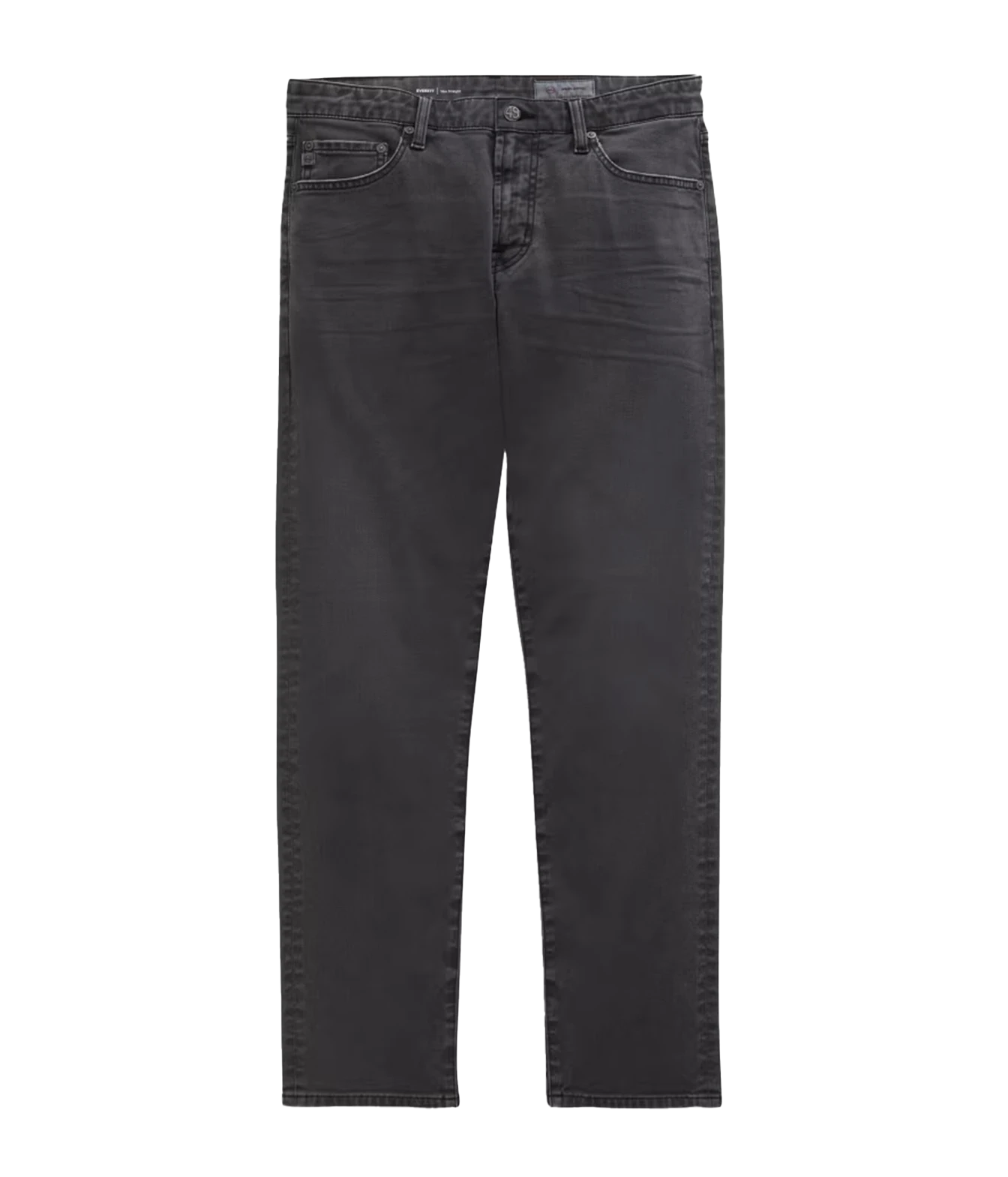A pair of slim-fit jeans in a washed charcoal gray color, shown flat against a solid white background.