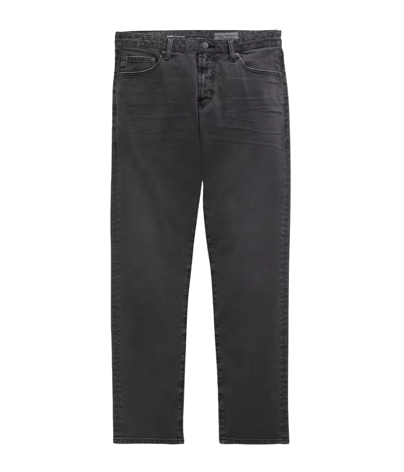 A pair of slim-fit jeans in a washed charcoal gray color, shown flat against a solid white background.