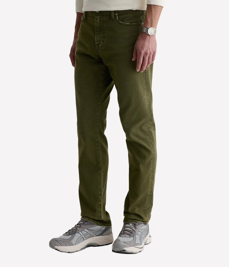 AG Everett 7 Years Sulfur Coastal Moss On Model Angled Front View Slim Straight Pant