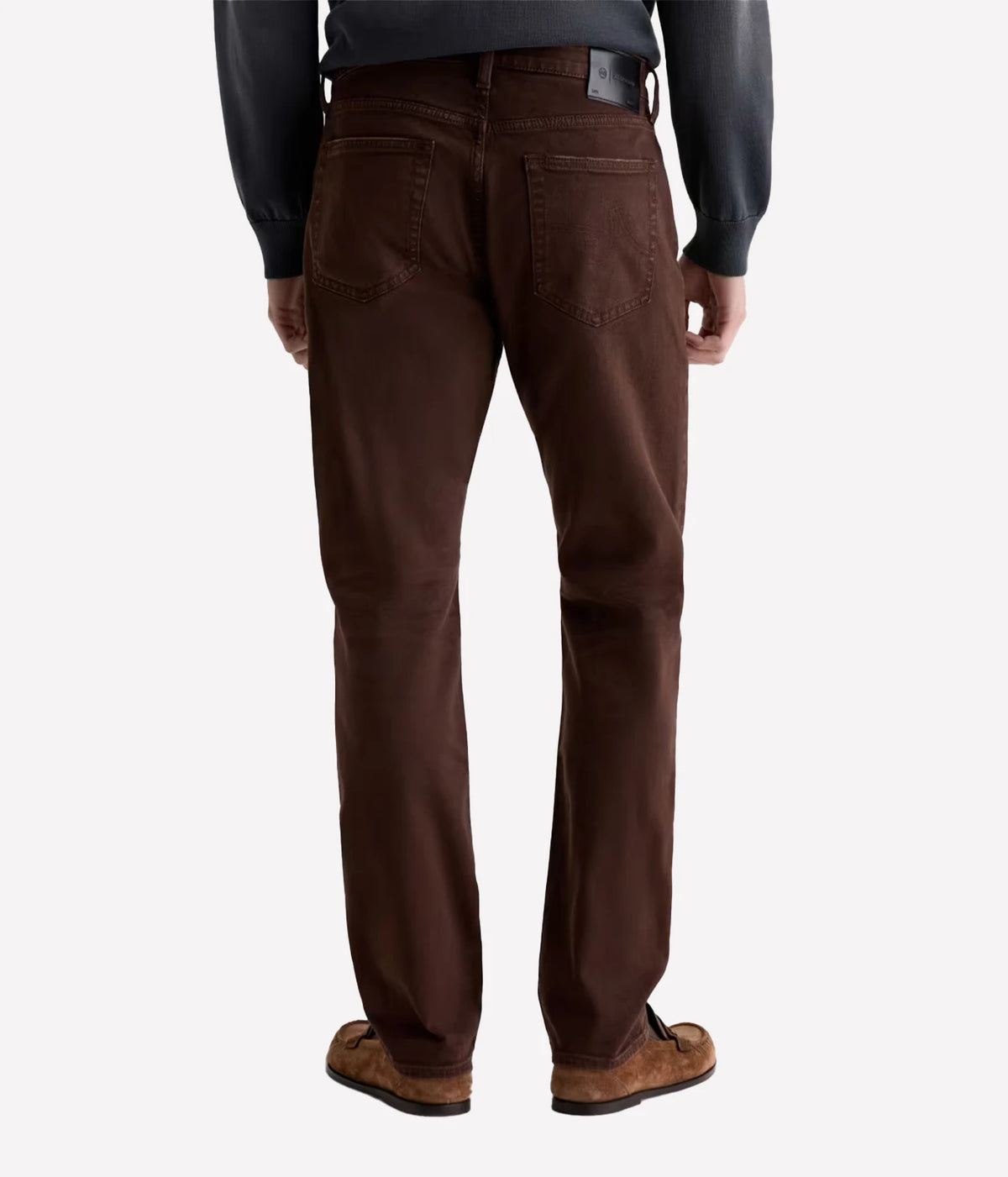 Man wearing AG Everett Jean in 7 Years Sulfur Wood Brown, back view