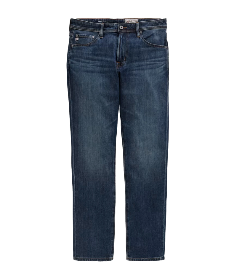 A pair of dark blue denim jeans with a straight-leg fit, shown flat against a solid white background.