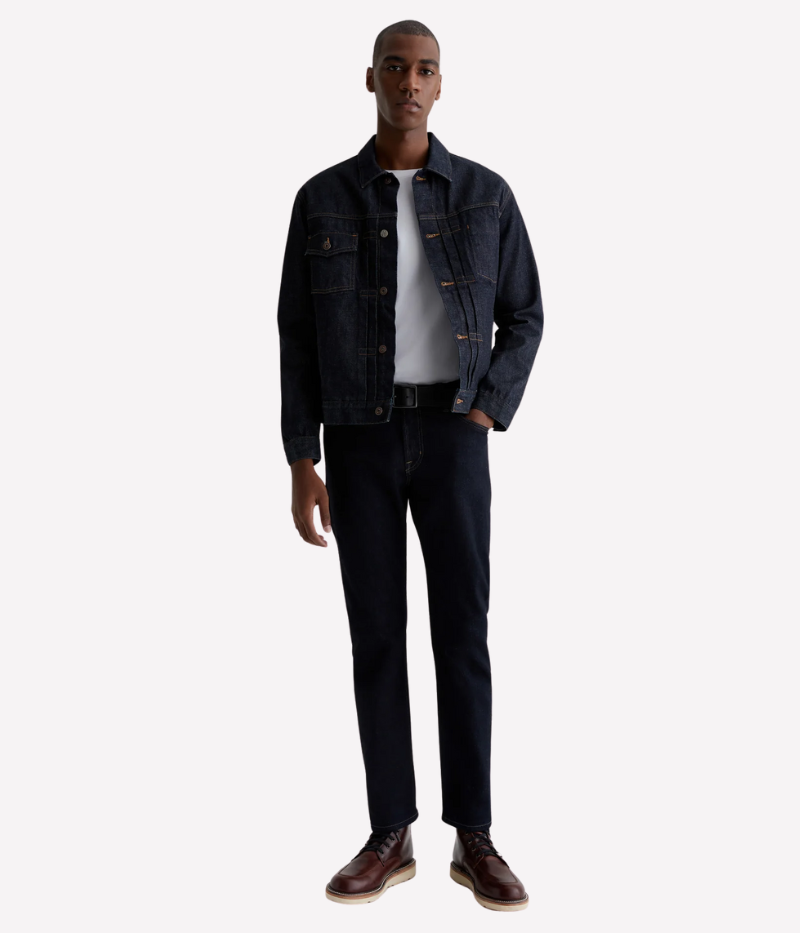 AG Everett slim straight jeans in deep indigo, featuring a mid-rise waist, tapered leg, and classic five-pocket design.
