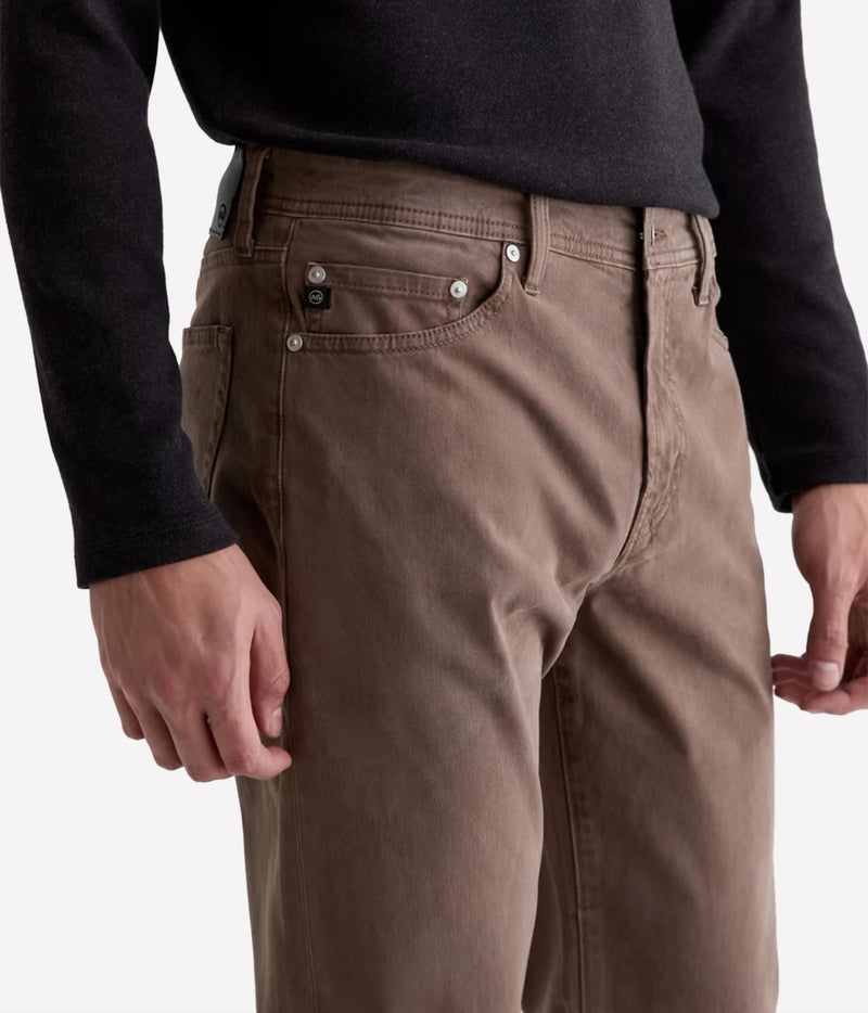 Close-up of AG Everett SUD Pant in Sulfur Taupe Grey showing the front and coin pockets