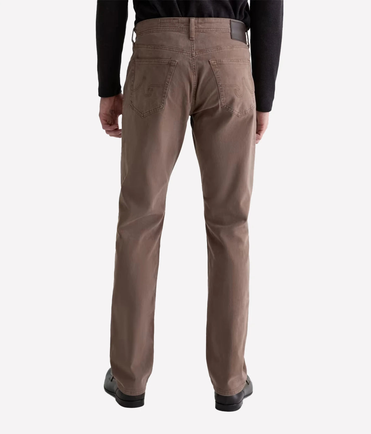 Man wearing AG Everett SUD Pant in Sulfur Taupe Grey, back view