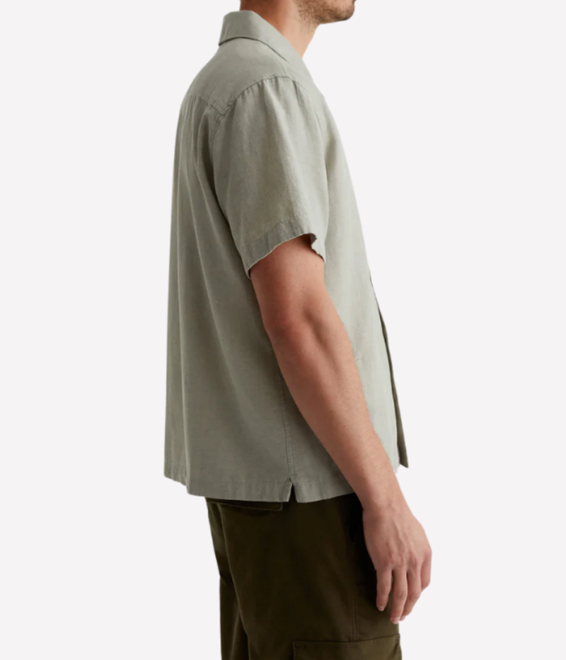 AG Foster Short Sleeve Shirt Dried Bay Leaf On Model Side View Cotton Hemp Camp Collar Shirt