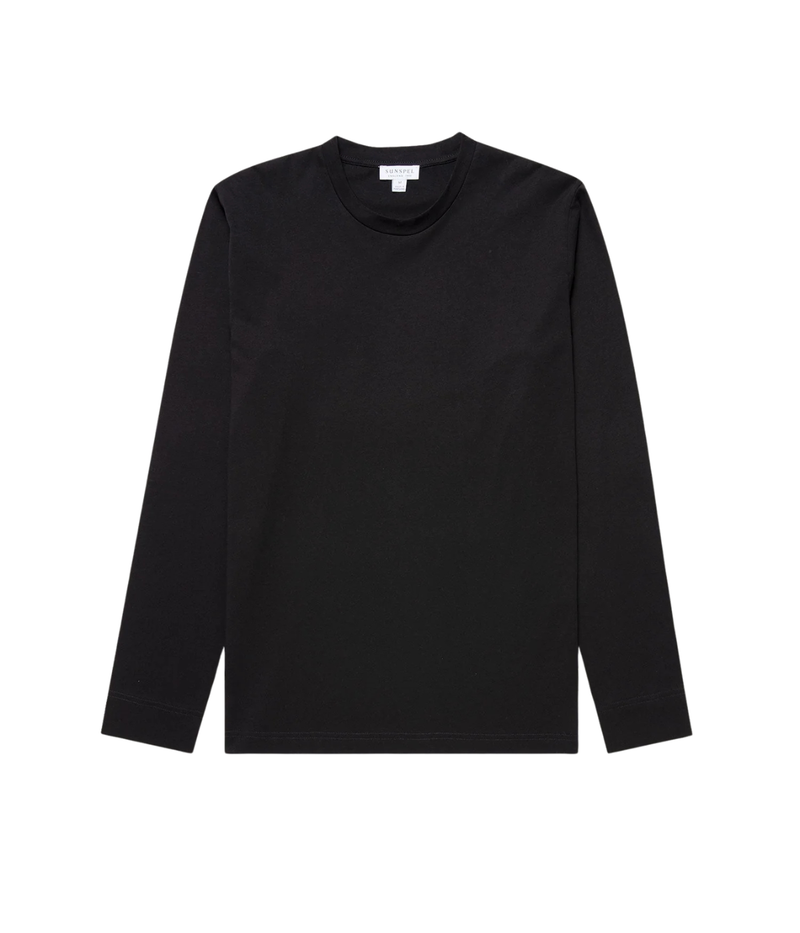 Sunspel Long Sleeve Riviera T-Shirt in Black flat lay view of slim-fit midweight Supima cotton long sleeve tee
