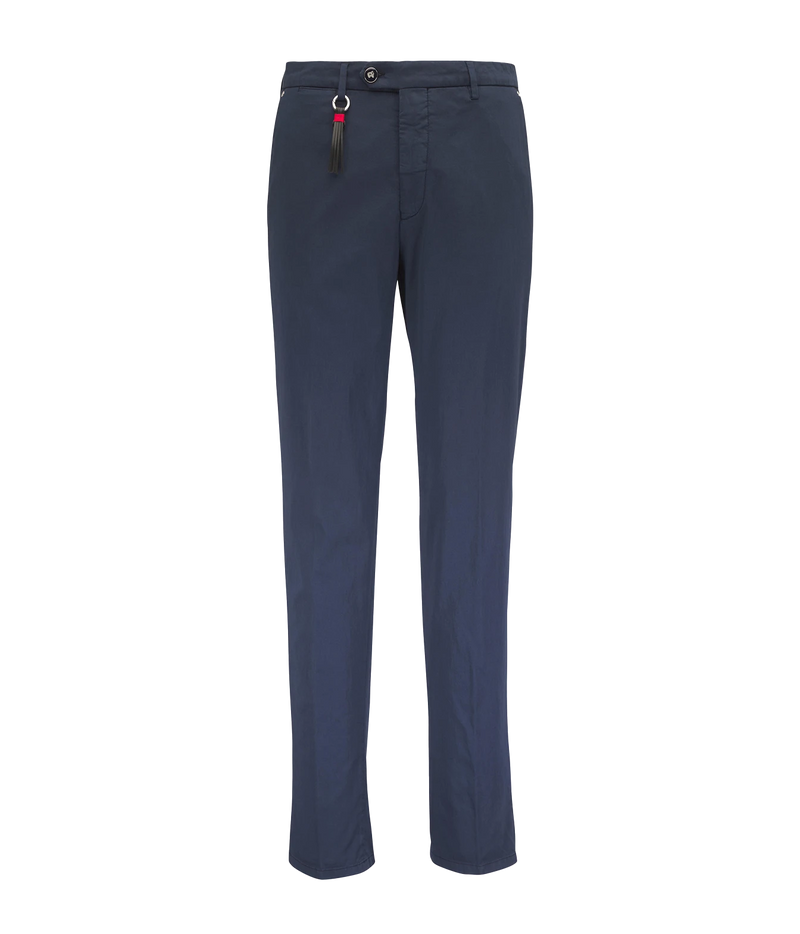 Front product view of Marco Pescarolo New York Cotton Silk Trouser in Navy showing the charm detail at the belt loop