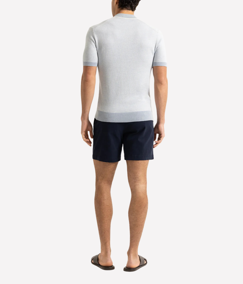 Orlebar Brown Horton Contrast Polo in Surfside Blue and White Sand with contrast tipping, open rib placket and tailored fit - Full Length Back Shot