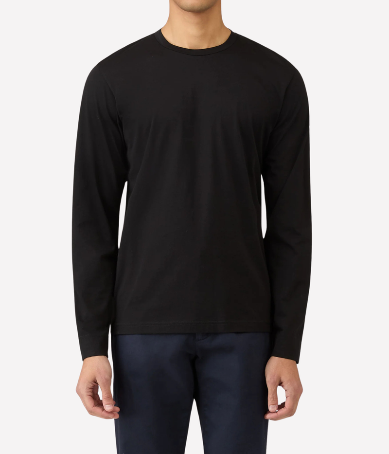 Sunspel Long Sleeve Riviera T-Shirt in Black worn on model front view showing slim fit and clean silhouette