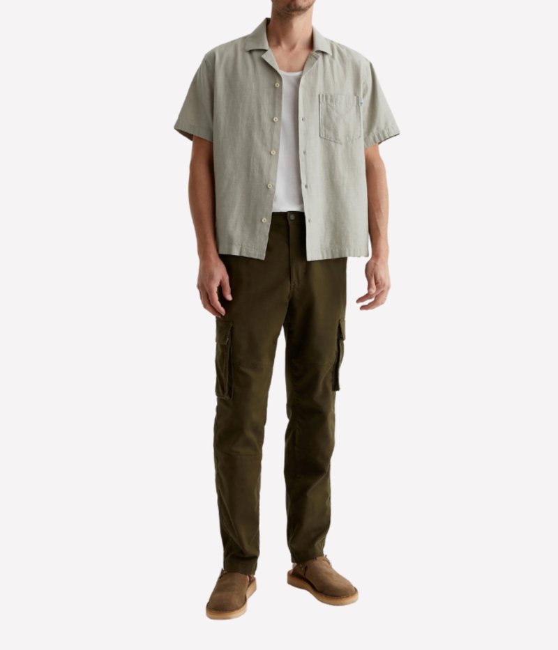 AG Foster Short Sleeve Shirt Dried Bay Leaf On Model Full Length Front View Cotton Hemp Camp Collar Shirt