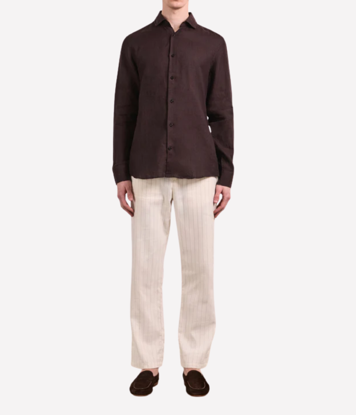 Frescobol Carioca Antonio Linen Long Sleeve Shirt in Cacao – Front View on model Linen Button Shirt