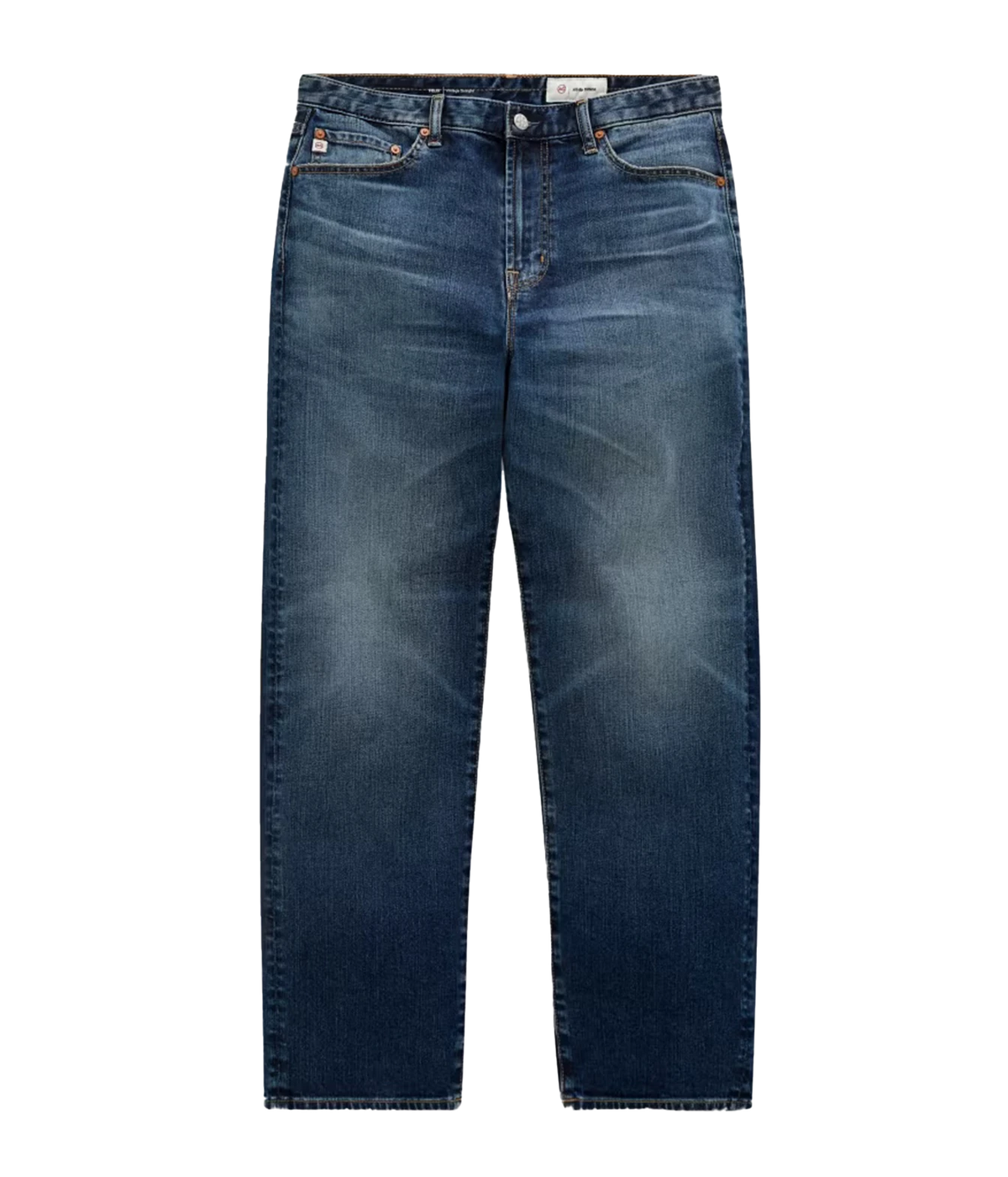 A pair of dark blue denim jeans with a faded wash, shown flat against a solid white background.
