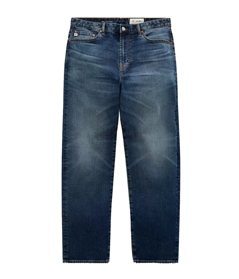 A pair of dark blue denim jeans with a faded wash, shown flat against a solid white background.