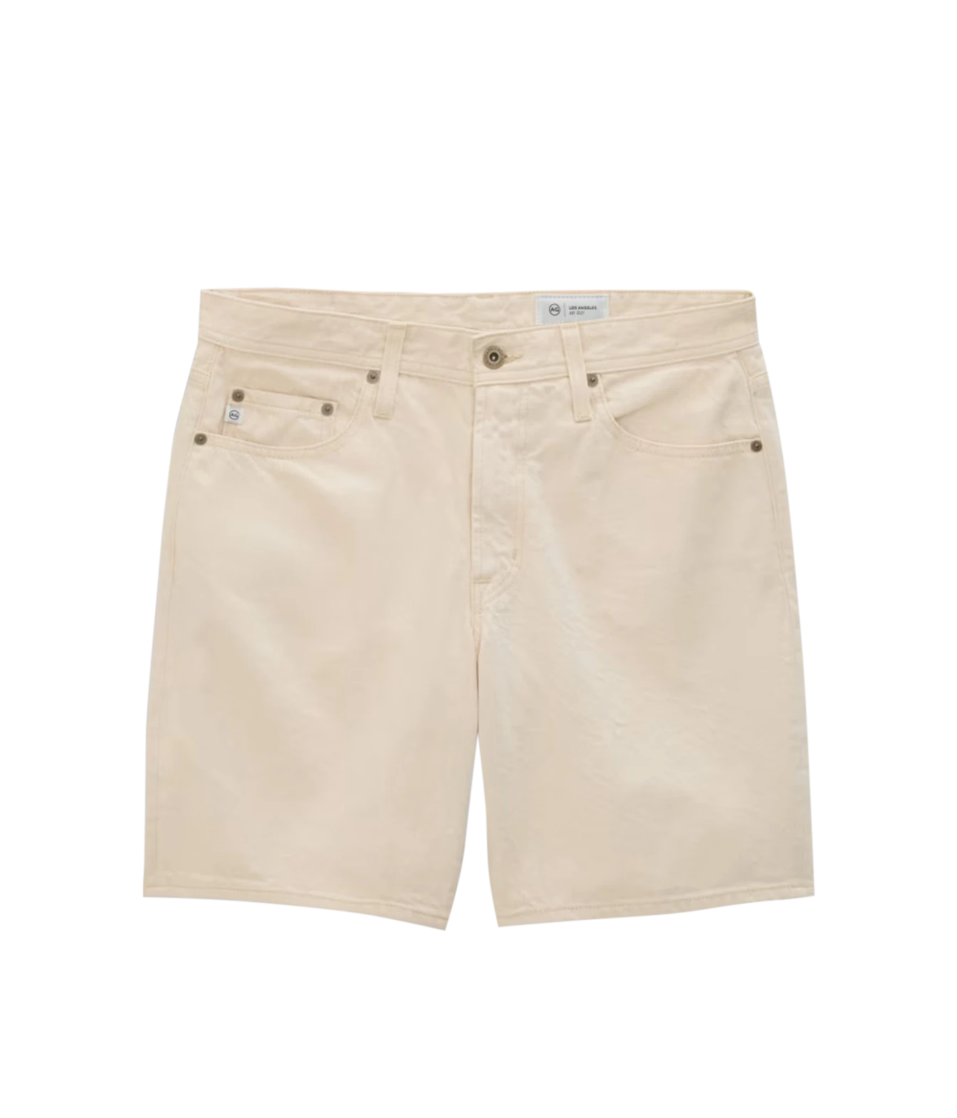 A pair of light beige denim shorts with a button fly, belt loops, and front pockets, shown flat on a white background.