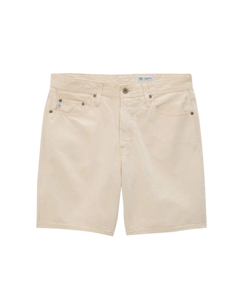 A pair of light beige denim shorts with a button fly, belt loops, and front pockets, shown flat on a white background.