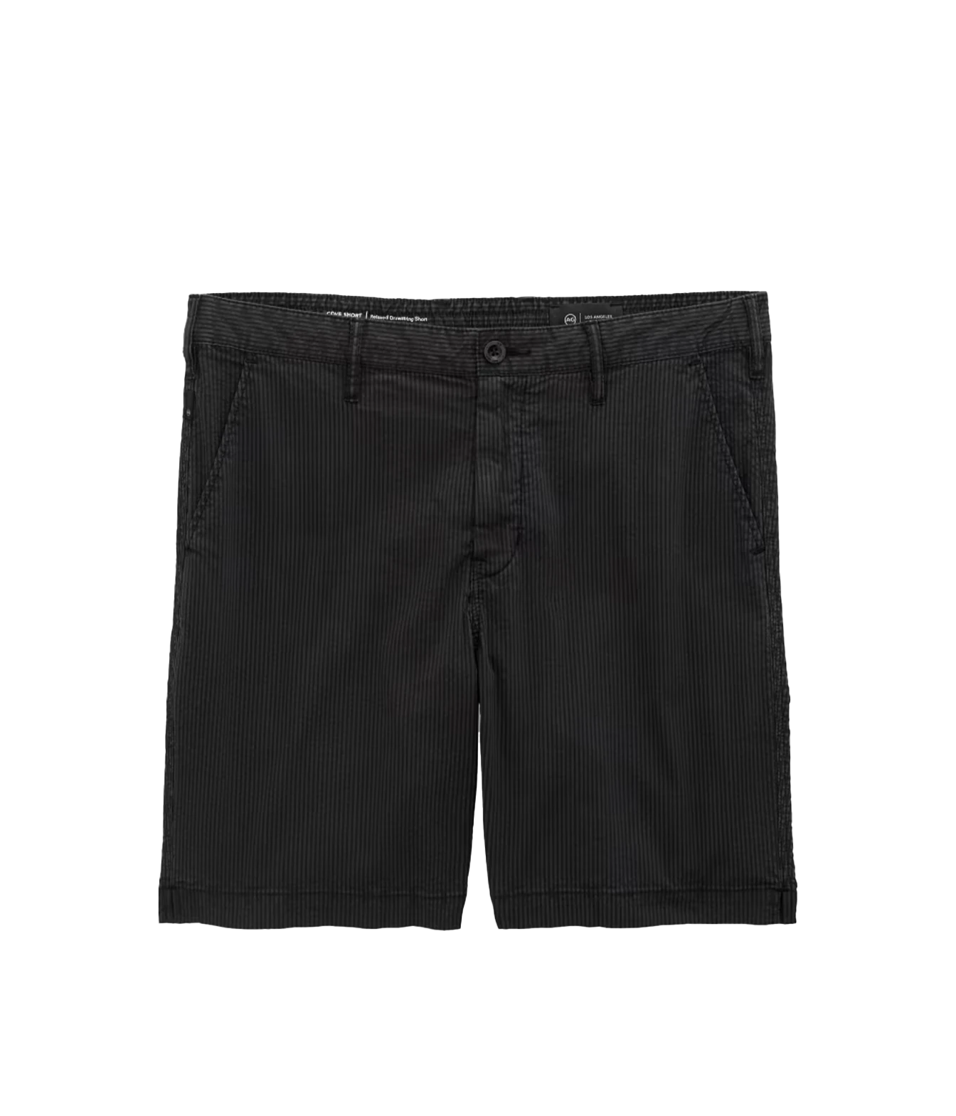 Black pinstriped cotton shorts with a button closure and belt loops, shown flat against a white background.