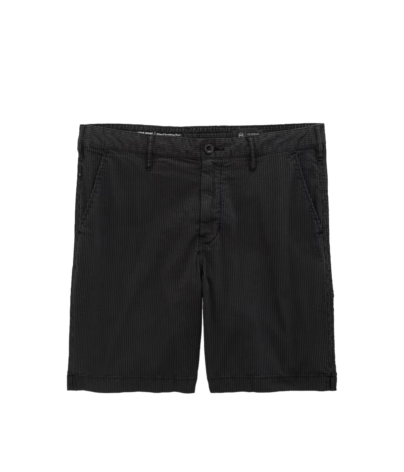 Black pinstriped cotton shorts with a button closure and belt loops, shown flat against a white background.