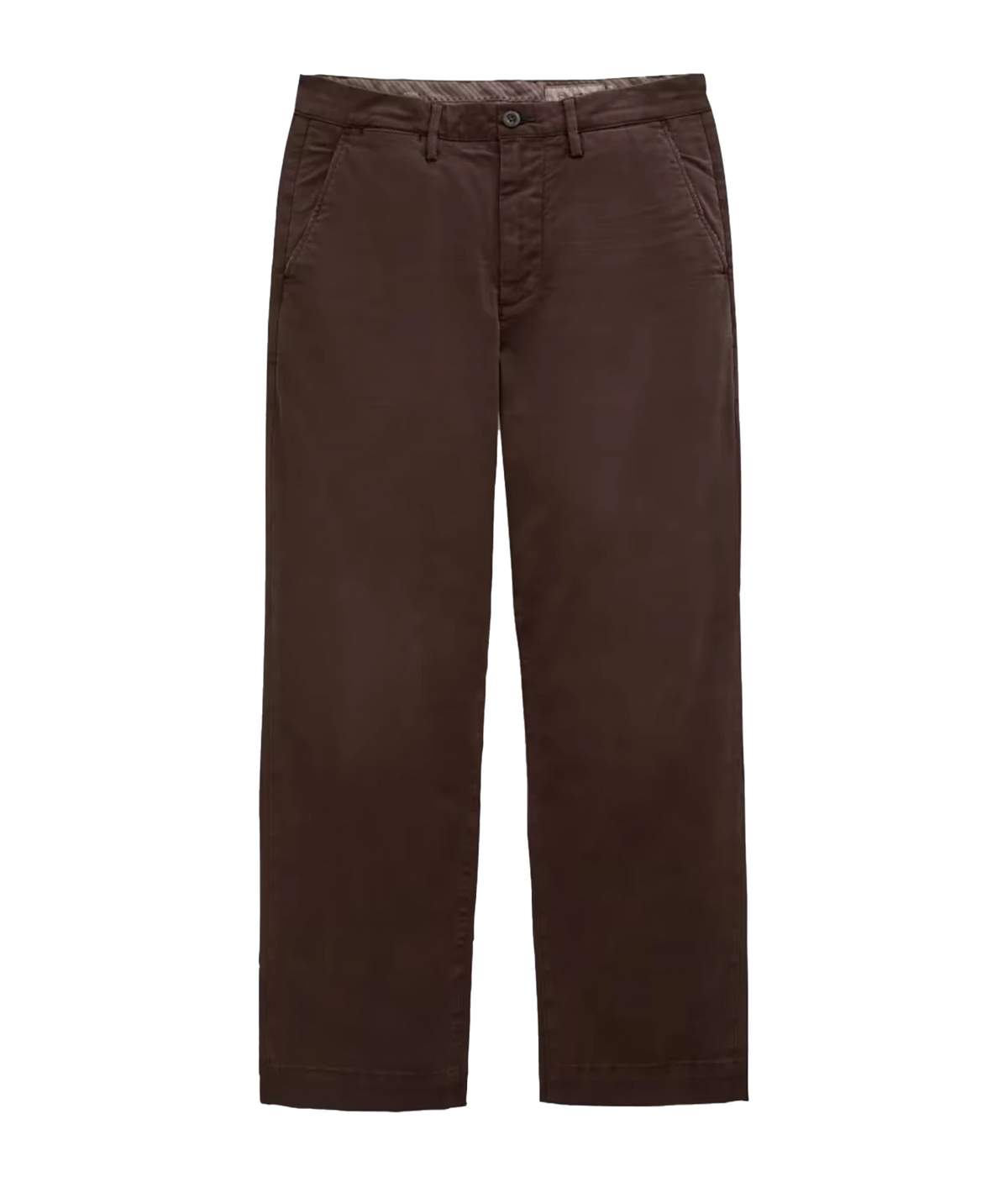 A pair of dark brown chino pants shown flat against a solid white background.