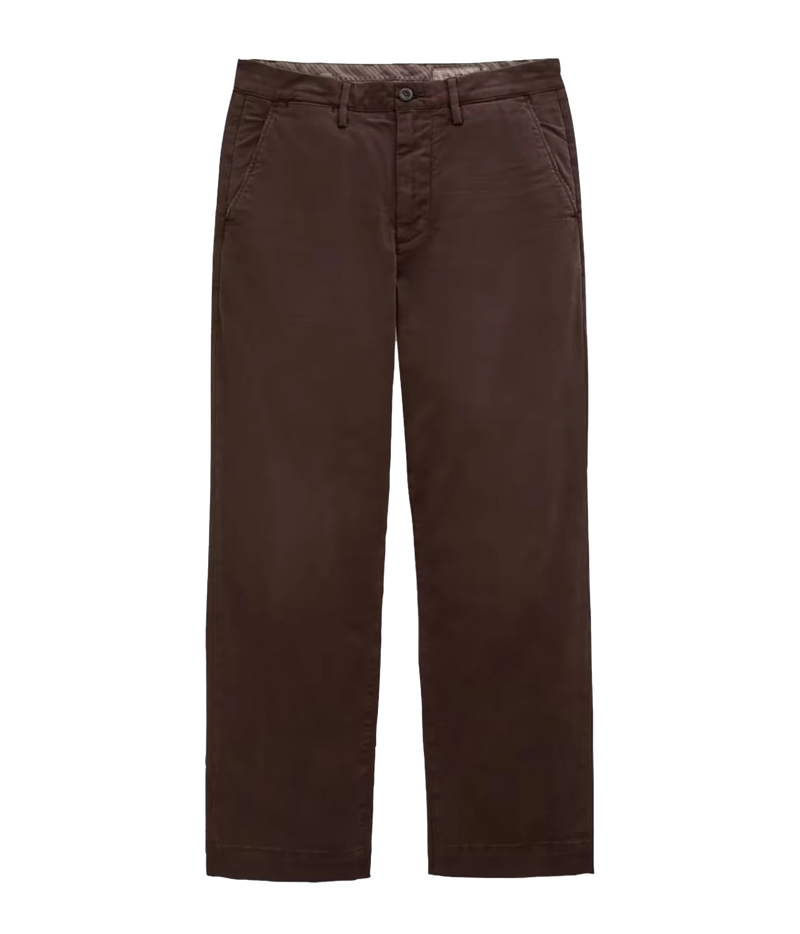 A pair of dark brown chino pants shown flat against a solid white background.