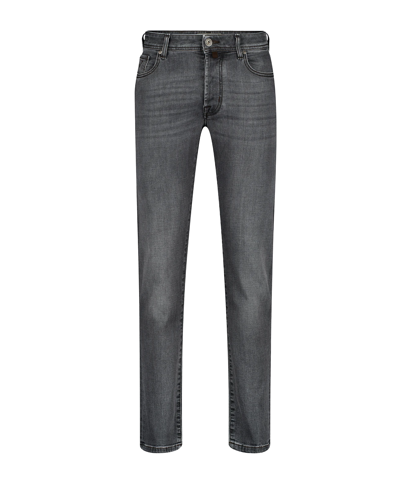 A pair of slim-fit gray denim jeans shown flat against a solid white background.