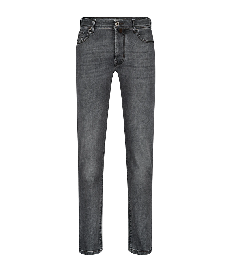 A pair of slim-fit gray denim jeans shown flat against a solid white background.