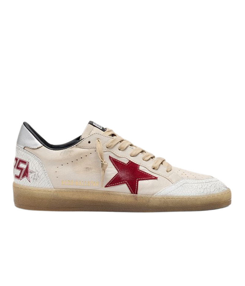 Golden Goose Ball Star low-top sneakers with a butter beige nappa leather upper, red suede star, silver leather heel and crackled suede toe, side profile.