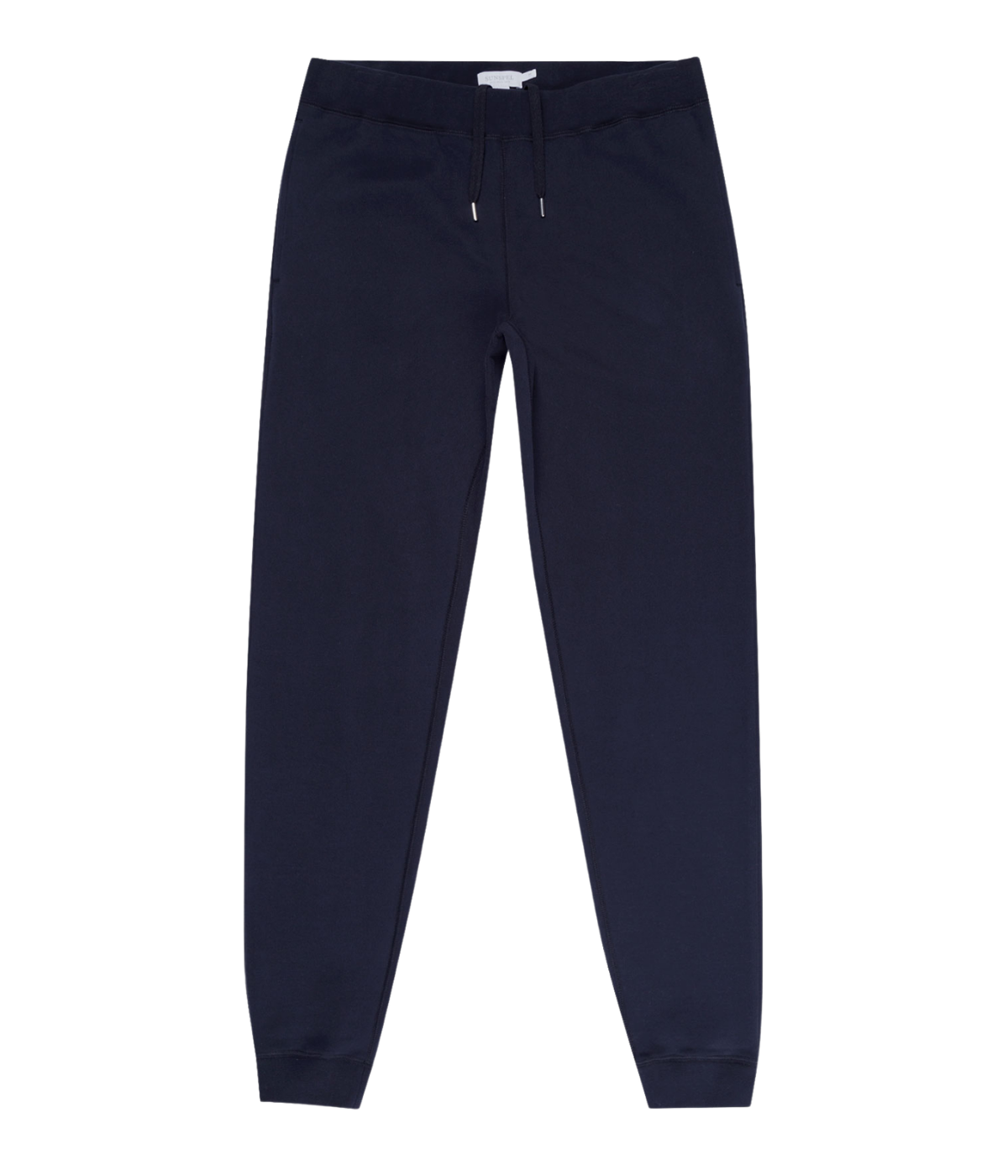 Sunspel Track Pant in Navy flat lay view of slim-fit loopback cotton sweatpants with ribbed drawstring waistband.