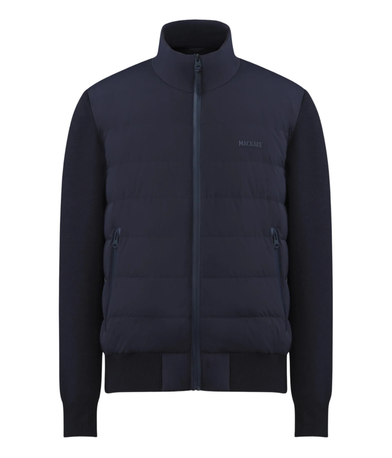 Mackage Haney Jacket in Navy flat lay shot displaying lightweight down fill and cardigan-inspired design