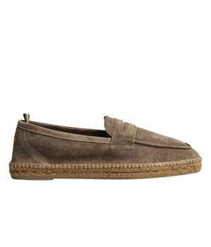 Side view of Castañer Nacho Espadrilles in Topo showing the penny strap and braided jute sole