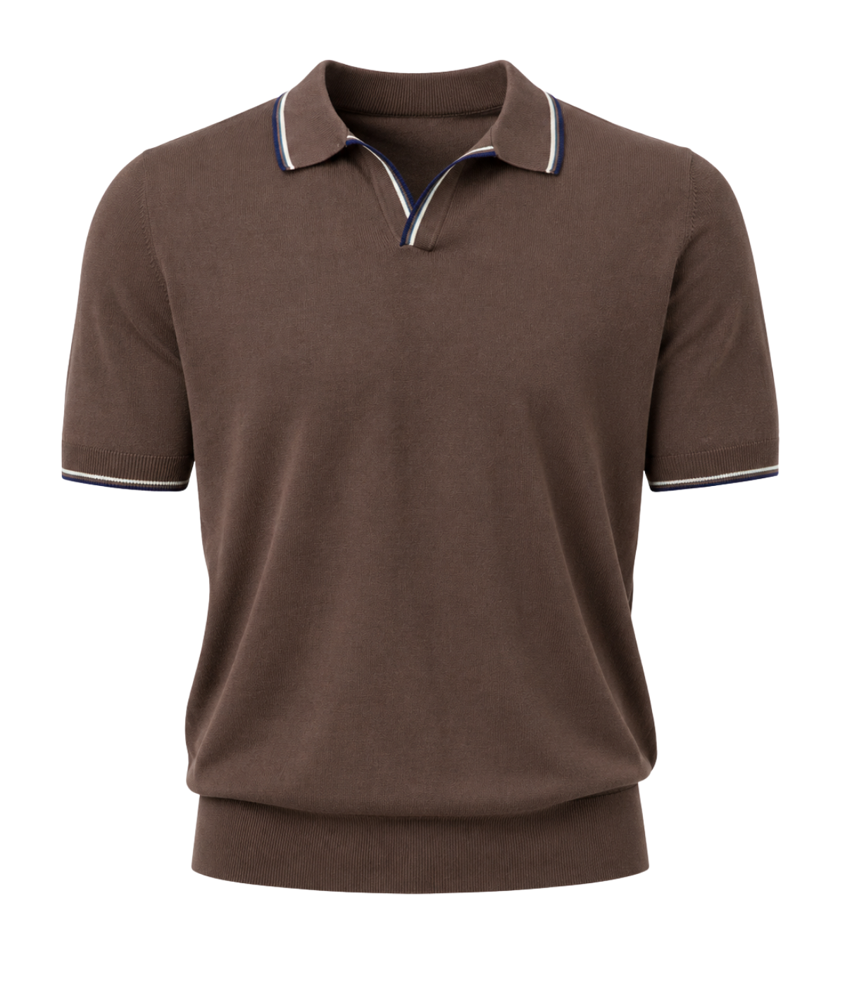 Gran Sasso Tennis Short Sleeve Polo in Chocolate Blue Stripe – Ghost Mannequin Front View Capri Collar Polo