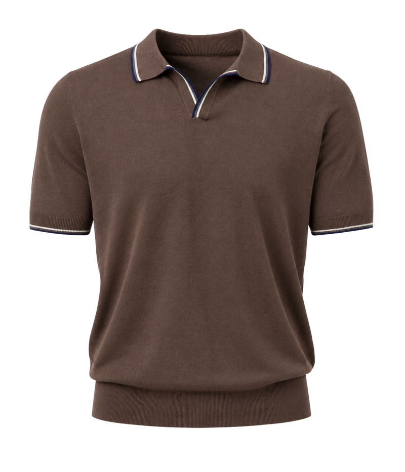 Gran Sasso Tennis Short Sleeve Polo in Chocolate Blue Stripe – Ghost Mannequin Front View Capri Collar Polo