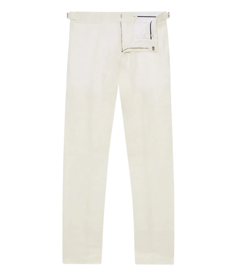 Orlebar Brown Griffon Trouser in White Sands crafted from premium Italian-woven linen with a tailored fit, tapered leg, adjustable side tabs, and welt back pockets in flat lay view.