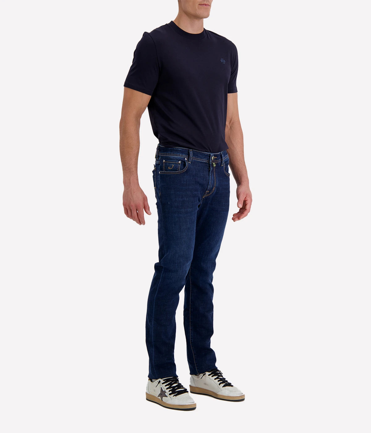 Bard 5 Pkt Slim Fit in 200D Medium Blue Suede Olive Patch