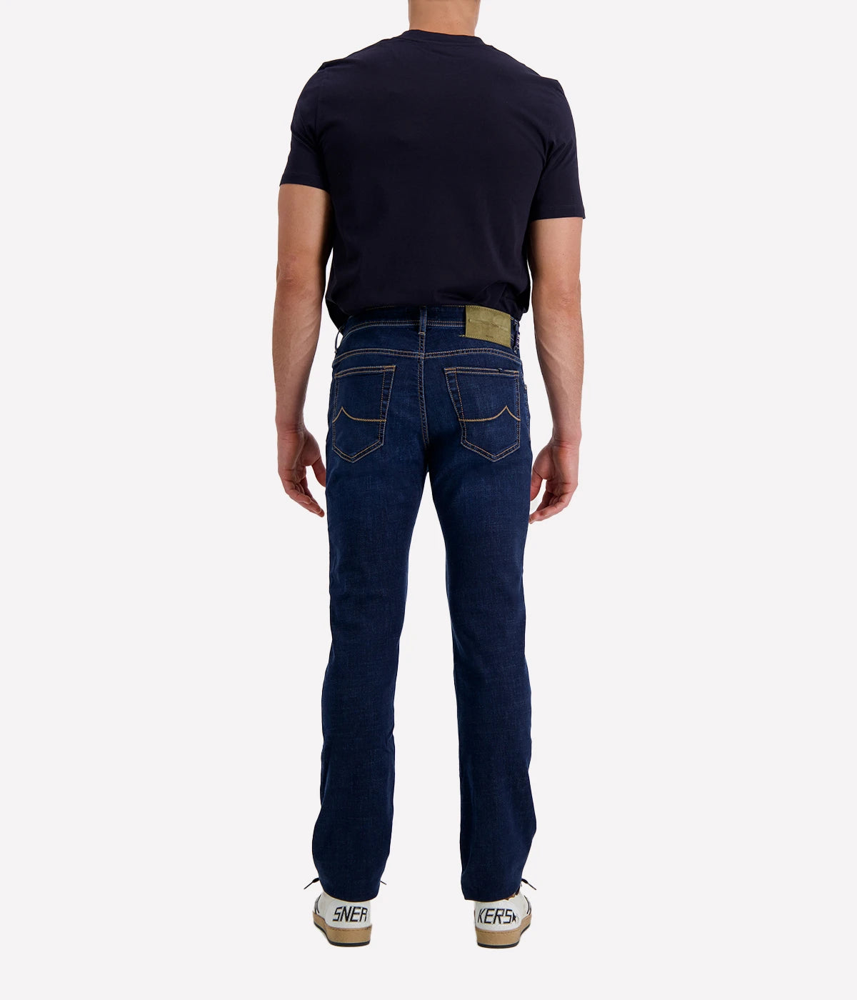 Bard 5 Pkt Slim Fit in 200D Medium Blue Suede Olive Patch