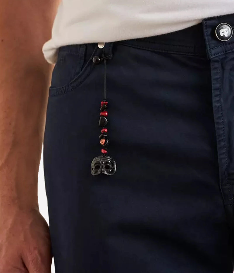 Close-up of Marco Pescarolo Neranom Cotton Five-Pocket Trouser in Navy showing the beaded charm at the front belt loop
