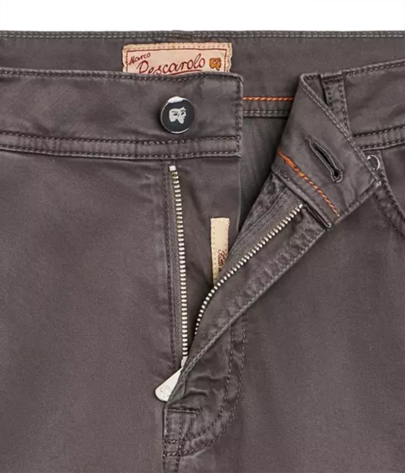 Close-up of Marco Pescarolo Neranom Cotton Five-Pocket Trouser in Grey showing the zip fly, button closure and waistband label