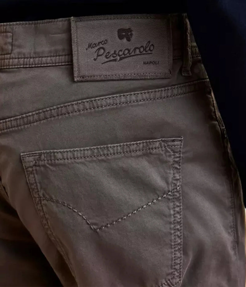 Close-up of Marco Pescarolo Neranom Cotton Five-Pocket Trouser in Grey showing the logo patch and pocket detail