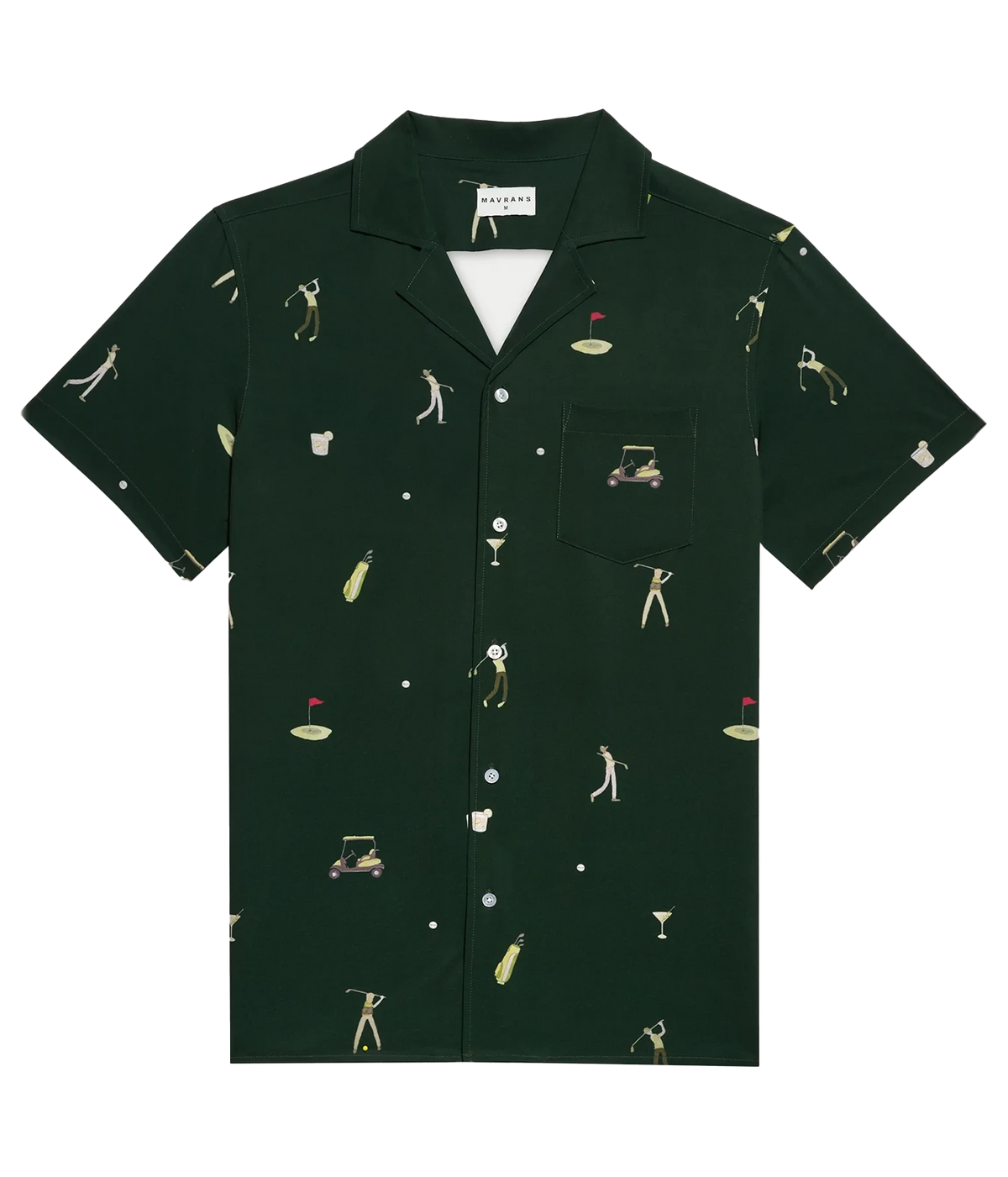 A dark green short-sleeve button-up shirt with a golf-themed all-over print, featuring golf clubs, golf balls, golf carts, and players. The shirt has a pointed collar, a chest pocket, and a white inner collar lining, shown flat against a white background.