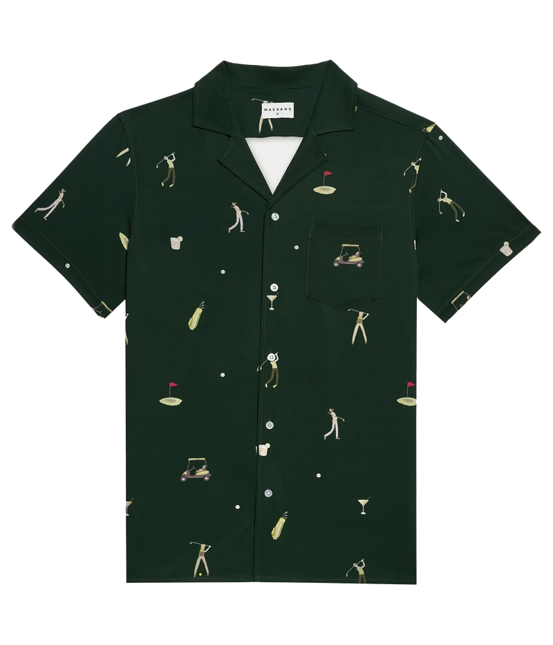 A dark green short-sleeve button-up shirt with a golf-themed all-over print, featuring golf clubs, golf balls, golf carts, and players. The shirt has a pointed collar, a chest pocket, and a white inner collar lining, shown flat against a white background.