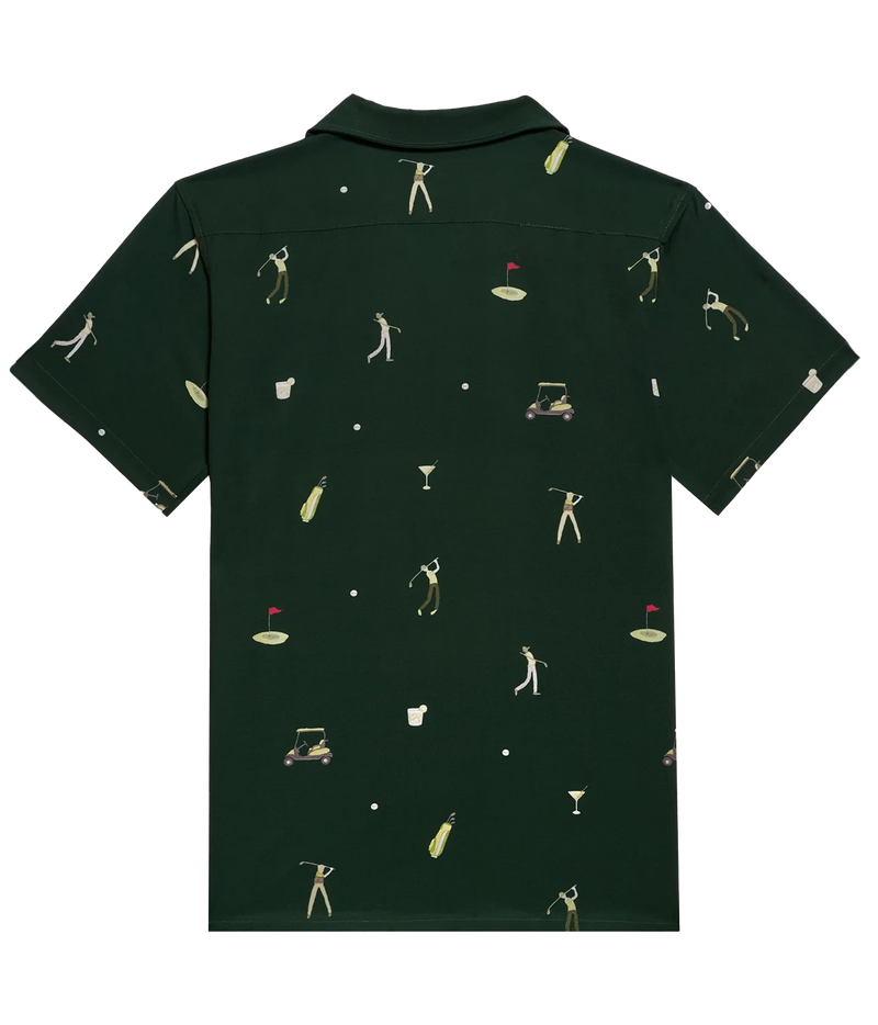A dark green short-sleeve polo shirt with an allover golf-themed print featuring golfers, golf carts, flags, and drinks, shown against a plain white background.